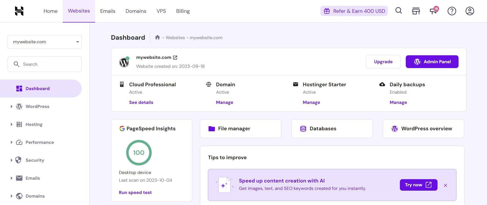 Hostinger Web Hosting Simplified Dashboard Panel
